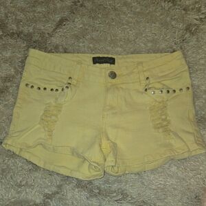 Yellow Distressed Jean Shorts with Studs